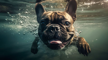 An AI generated illustration of an adorable cute pug swimming underwater looking at the cameraの素材