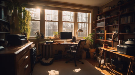 An AI generated illustration of a modern home office, with a desk in the corner, complete with a desktop computerの素材