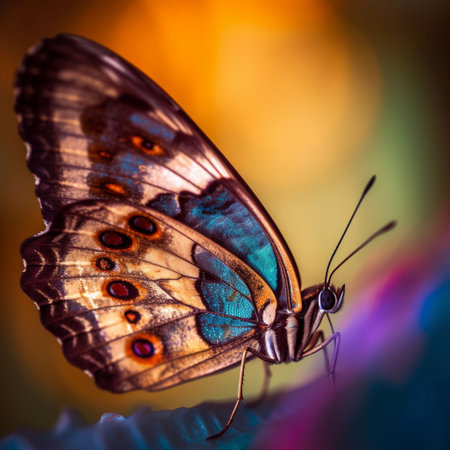 An AI generated illustration of A vibrant butterfly perched atop a cluster of colorful flowers in a sunlit outdoor settingの素材