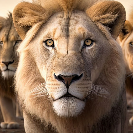 An AI generated illustration of stunning lions walking side-by-side across a sunny desert landscapeの素材