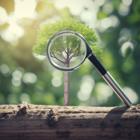 An AI generated illustration of a magnifying glass used to inspect tree leavesの素材