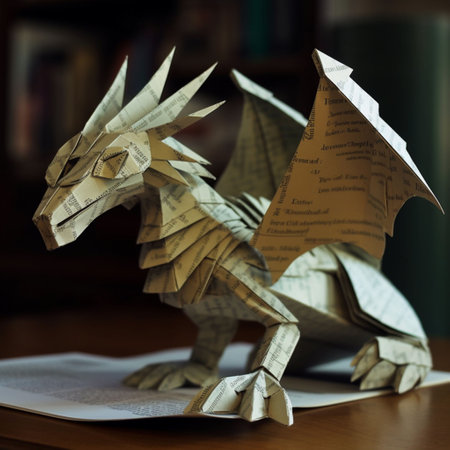 An AI generated illustration of a handmade paper dragon  with a blurry backgroundの素材