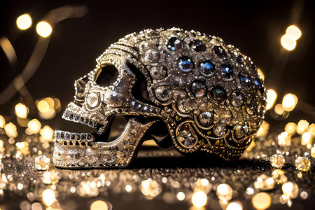An AI generated illustration of a gold skull with dazzling crystal accents on dark backgroundの素材