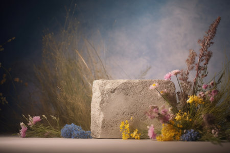 An AI-generated illustration of a grey concrete block with vibrant blooming flowers.の素材