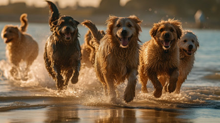 An AI generated illustration of a group of dogs running joyfully through the surf at a sunny beachの素材