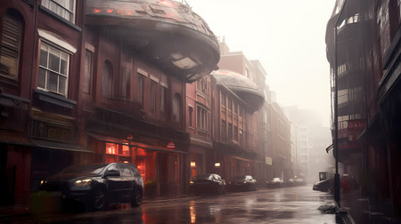 An AI generated illustration of a view of a busy city street with several cars driving throughの素材