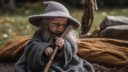 An AI generated illustration of Adorable toddler dressed in a festive costume laying on a cozy patterned blanketの素材