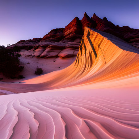 An AI generated illustration of a large rock formation in a desert with a stunning sunset backdropの素材