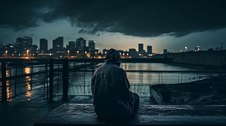 An AI generated illustration of a hooded figure sitting on a bench in the eveningの素材