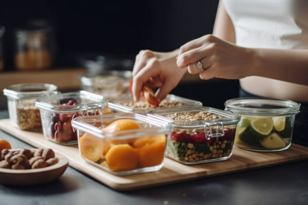An AI generated illustration of a woman preparing a healthy meal, with a variety of food containersの素材