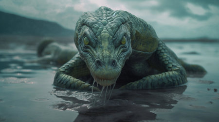 An AI generated illustration of a scary velociraptor dinosaur at a tranquil pond located on a sandy beachの素材