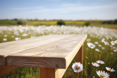 A wooden table surrounded by a vibrant field of wildflowers, AI-generated.の素材
