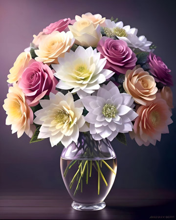 An AI generated image of multicolored flowers placed in vaseの素材