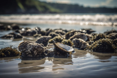 An AI generated illustration of clam on shallow water of a beachの素材