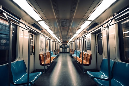 An AI generated illustration of an empty public train car or carriageの素材