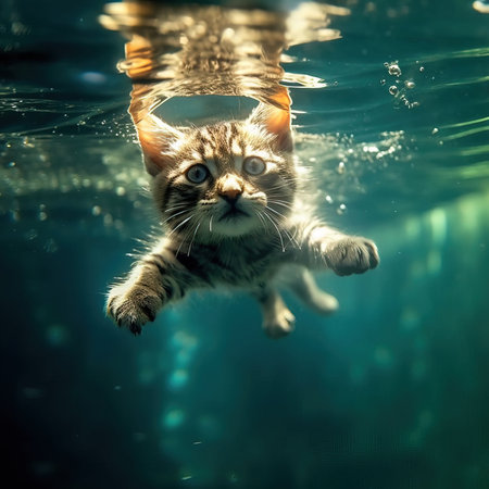 An AI generated illustration of an adorable kitten swimming underwaterの素材