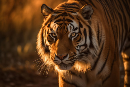 An AI generated illustration of a majestic Bengal tiger in a warm, sunny landscape, its vivid orange and black coat illuminated by the bright sunlightの素材