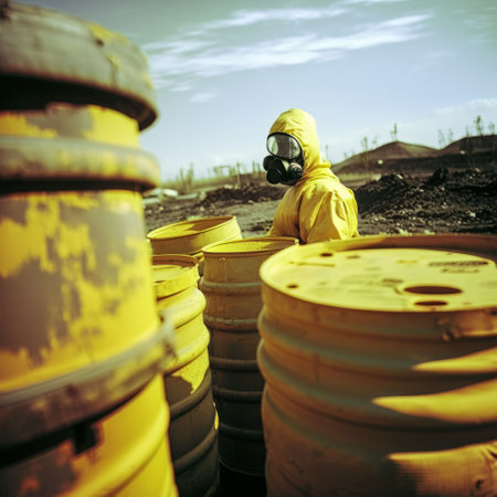Scientists - workers in chemicals protective suits investigate waste collectors with toxic chemicals in a landfill, environmental pollution, AIの素材