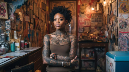 An AI generated illustration of a young black woman covered in tattoos standing in a tattoo parlorの素材