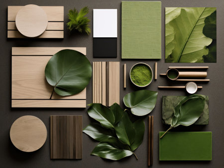 An AI generated illustration of a simple moodboard inspiration design in a green brown color paletteの素材