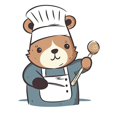 An AI generated illustration of A brown teddy bear wearing a blue shirt, an apron, and a chefs hat holding a spoonの素材