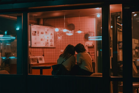 An AI generated illustration of female friends seated alone in a restaurant at nightの素材