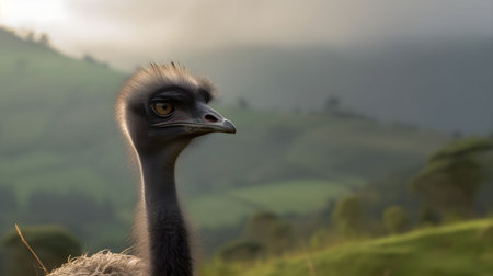An AI generated illustration of a flightless ostrich standing on a hill overlooking the rocky mountainsの素材