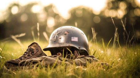 An AI generated illustration of an old military helmet and shoes resting on green grass with an American flagの素材