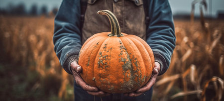 An AI generated illustration of a farmer holding a large pumpkin in his handsの素材