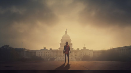 An AI generated person standing against white Capitol building on a cloudy dayの素材