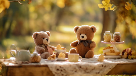 An AI generated illustration of brown teddy bears with mugs of steaming hot coffeeの素材
