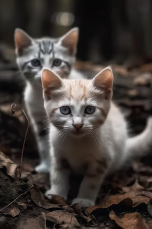 An AI generated illustration of two domestic cats sitting side by side in a bed of autumn leavesの素材