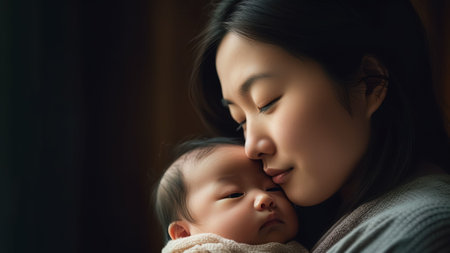 An AI generated illustration of a young female cuddles and kisses a baby lovingly while smiling happilyの素材