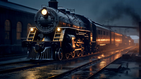An AI generated illustration of an antique train chugging through the nightの素材