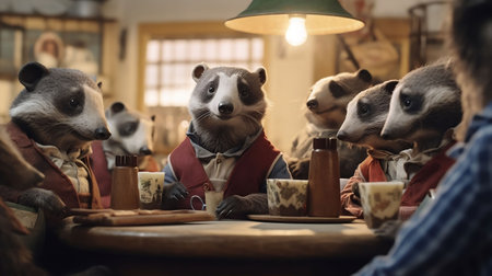 An AI generated illustration of a group of badgers having a meal togetherの素材
