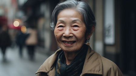 An AI generated illustration of A senior Asian woman cheerfully smilingの素材