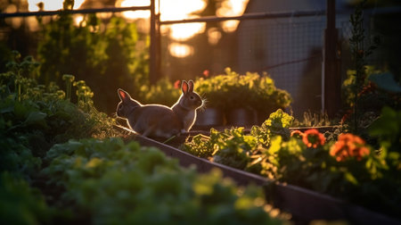 An AI generated illustration of two brown and white rabbits leisurely hopping through a lush gardenの素材