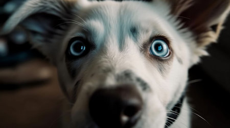 An AI generated illustration of an adorable white canine with bright blue eyes looks up inquisitively towards the cameraの素材