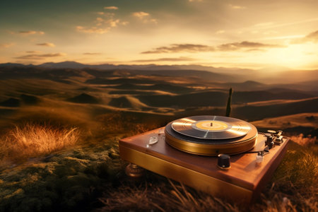 Vinyl record player on a hill, with grooves forming a landscape, symbolizing lofi music escape, AI generated.の素材