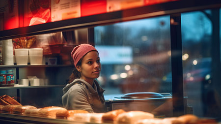 An AI generated illustration of A female server standing behind the counter in a restaurantの素材