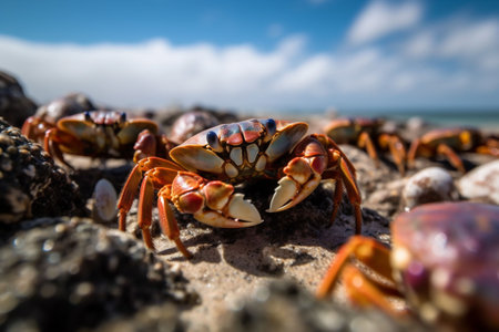 An AI generated illustration of crabs perching on rocky surface in beachの素材