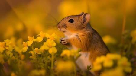 An AI generated illustration of a cute rodent in a landscape of vibrant yellow wildflowersの素材