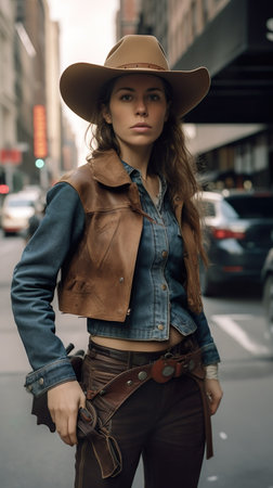An AI generated illustration of a woman wearing a cowboy hat with a denim jacket outdoorsの素材