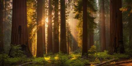 An AI generated illustration of a scenic view of a lush forest on a sunny dayの素材