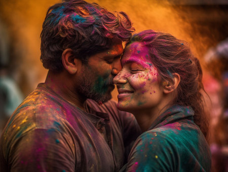 An AI generated illustration of A cheerful young couple celebrating the Hindu festival of Holiの素材