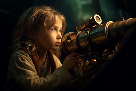 An AI generated illustration of A young female is looking through a telescopeの素材