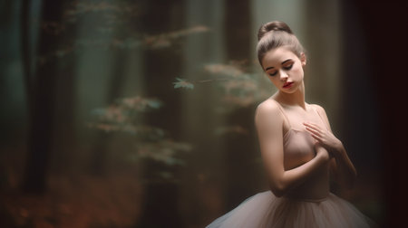 An AI generated illustration of A ballerina is captured in a moment of hesitation and introspection in a mystical forest.の素材