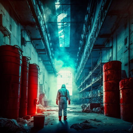 Scientists - workers in chemical protective suits examine chemical barrels in an old warehouse - department store - AI generated imageの素材