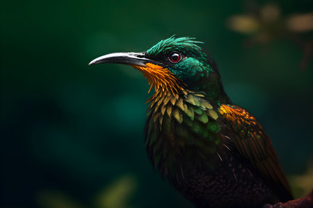 An AI generated illustration of A vibrant green bird perched on a tree with a blurry backgroundの素材