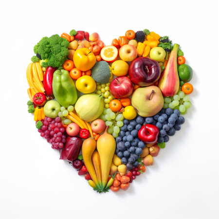 An AI generated illustration of a heart shape full of fresh fruits and vegetables against a white backgroundの素材